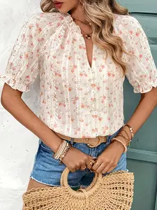 Women's Floral Print Shortsleeve Blouse, Bohemian Elegant Casual Puff Sleeve Top for Summer, Casual Boho Soft Ladies Clothes for Daily Wear, Summer Tops, Womenswear, Boho Clothes Women, Summer Tops, Boho Style Floral, Boho Floral Printed, Boho Style Shirt