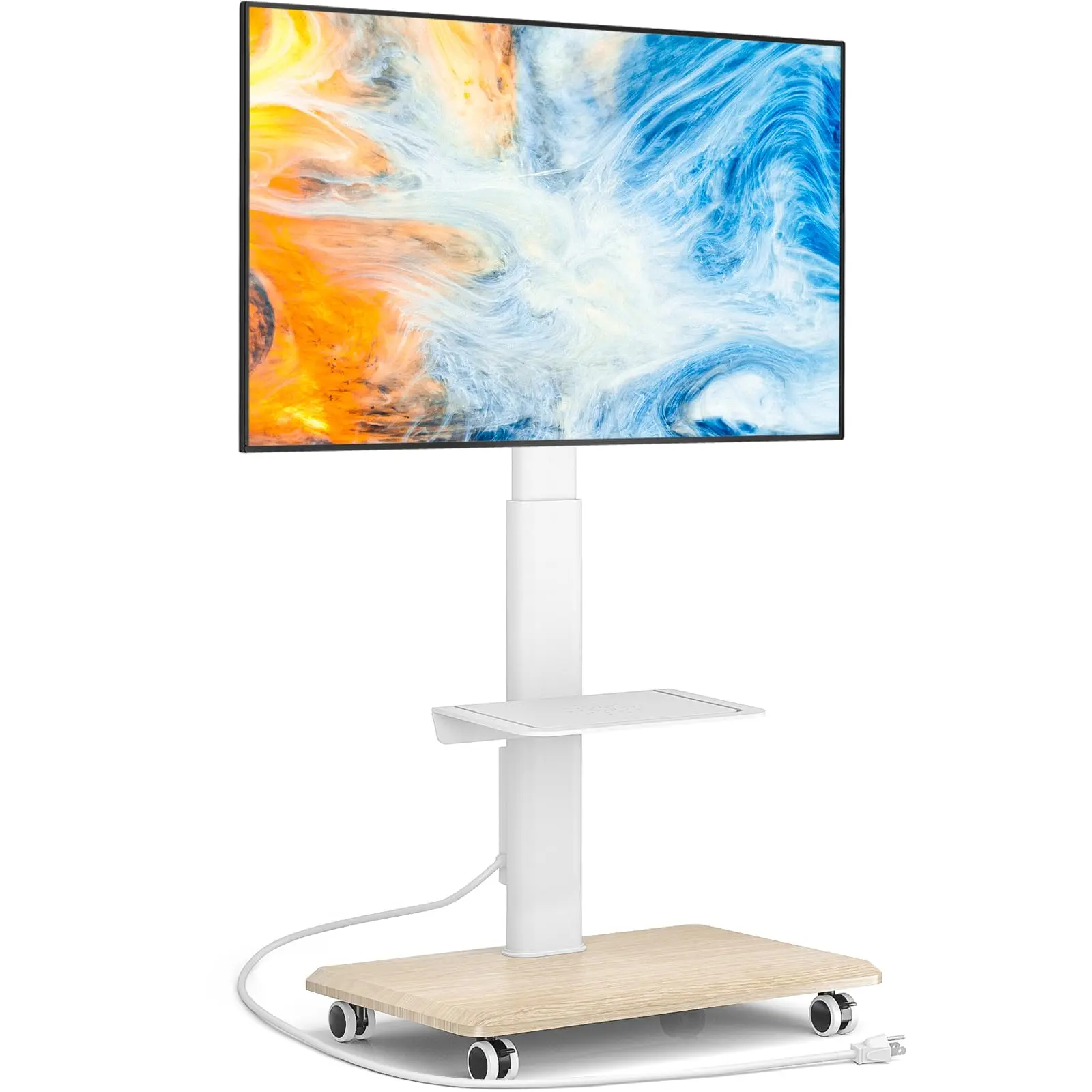Rfiver Sleek Adjustable TV Stand with Rolling Wheels, Power Outlet, Sturdy Plastic-Metal Build - 32 to 70 Inches Modern TV Console Table for Home Decor, Outdoors