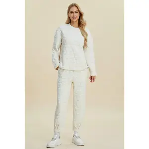 Double Take Full Size Texture Round Neck Long Sleeve Top and Pants Set   essential sweatsuit