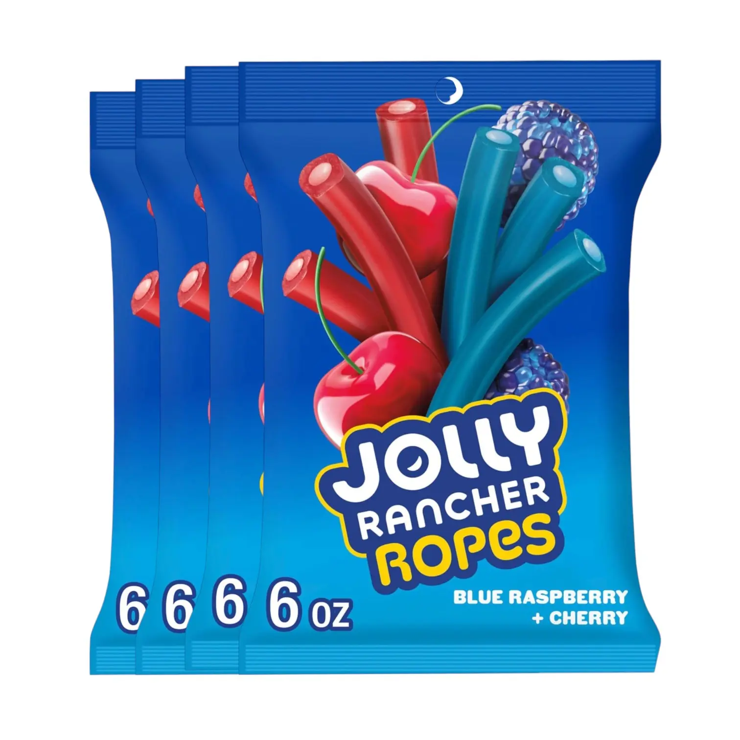 Blue Raspberry & Cherry Filled Candy Ropes - Fruity Chewy Candies, Party Sharing Snack Bags, 6 oz Pack of 4