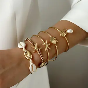 5Pcs Luxury Gold Color Starfish S Open Bangle Bracelet Set for Women Boho Summer Stackable Bangles Girls Beach Party Jewelry