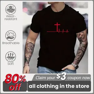 Men's Cross Pulse Print TShirt Knit Polyester Blend Crew Neck Regular Fit Slight Stretch Breathable Seasonal Comfort Unisex Everyday Comfort Tee - Menswear, Top Menswear Top Streetwear Crewneck Casual Tropical