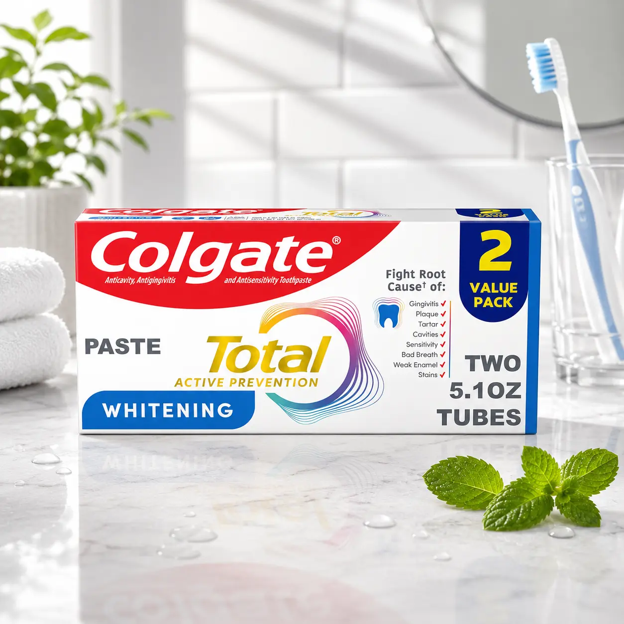 Total Whitening Fluoride Toothpaste, Mint, 2 Pack, 5.1 oz | Antibacterial, Antigingivitis, Antisensitivity, Stain Removal, Strengthens Enamel, Freshens Breath