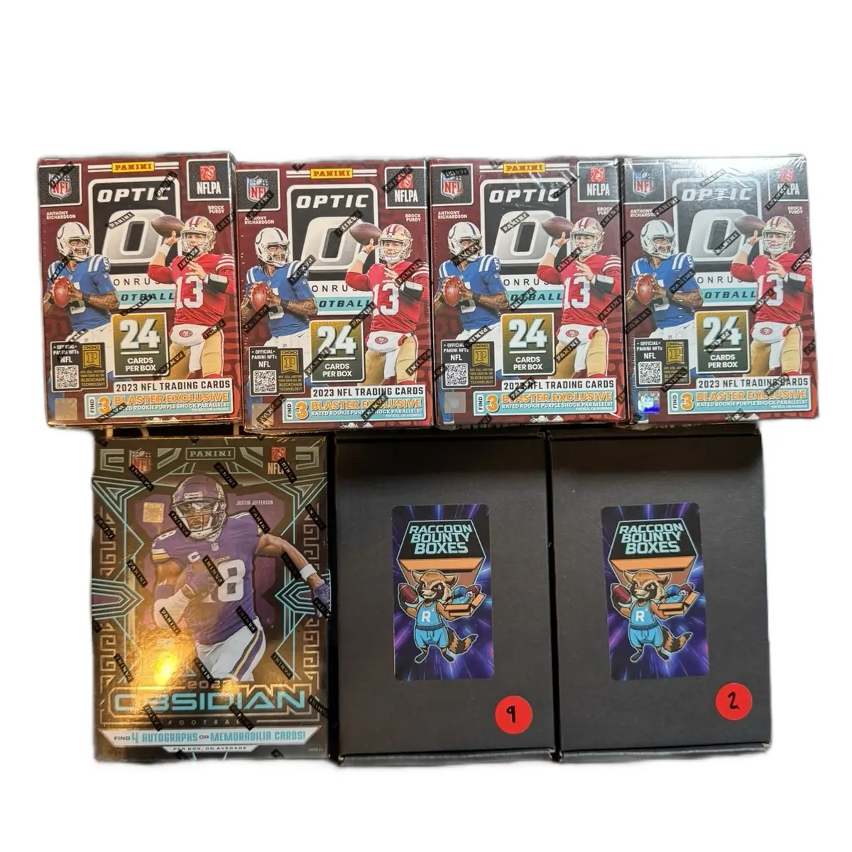 PYT NFL BREAK 285, 1 2023 OBSIDIAN NFL HOBBY BOX, 4 2023 OPTIC BLASTERS, 2 ATOMIC RACCOONS
