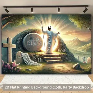 2D Flat, 1pc Vibrant Christ Resurrected Easter Backdrop Banner - Jesus "He Is Risen" Resurrection Scene With Angels & Crosses, Polyester Fabric Hanging Cloth For Church Services, Easter Celebrations, Photo Booths, Birthday Parties， room tapestry