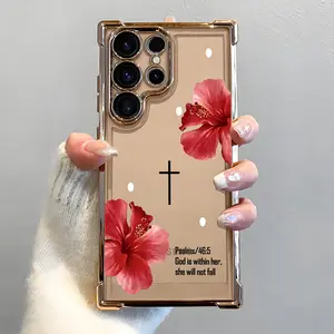Bibical Cross & Lily Pattern Phone Case, Electroplated Cover with Airbag Shockproof Slim Soft TPU Cover for Samsung S26 S25 S24 S23 S22 Ultra S25Edge S24FE Plus S25+ Flower