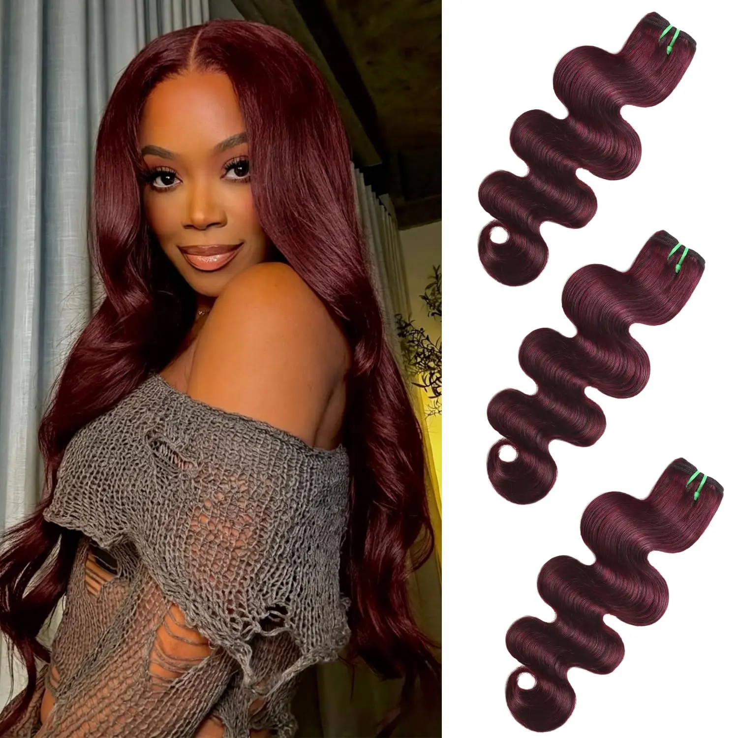 13A Double Drawn 99J Dark Burgundy 3 Bundles Body Wave Human Hair, Double Lifespan Than Regular Hair, Keep Silky And Soft After Washes Colored #99J Wine Cheery Red Bundles Raw Hair
