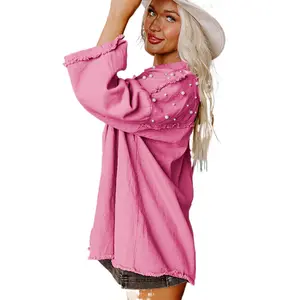 Women's Bonbon Pearl Beaded Raw Hem Button Up Denim Jacket Tops Casual