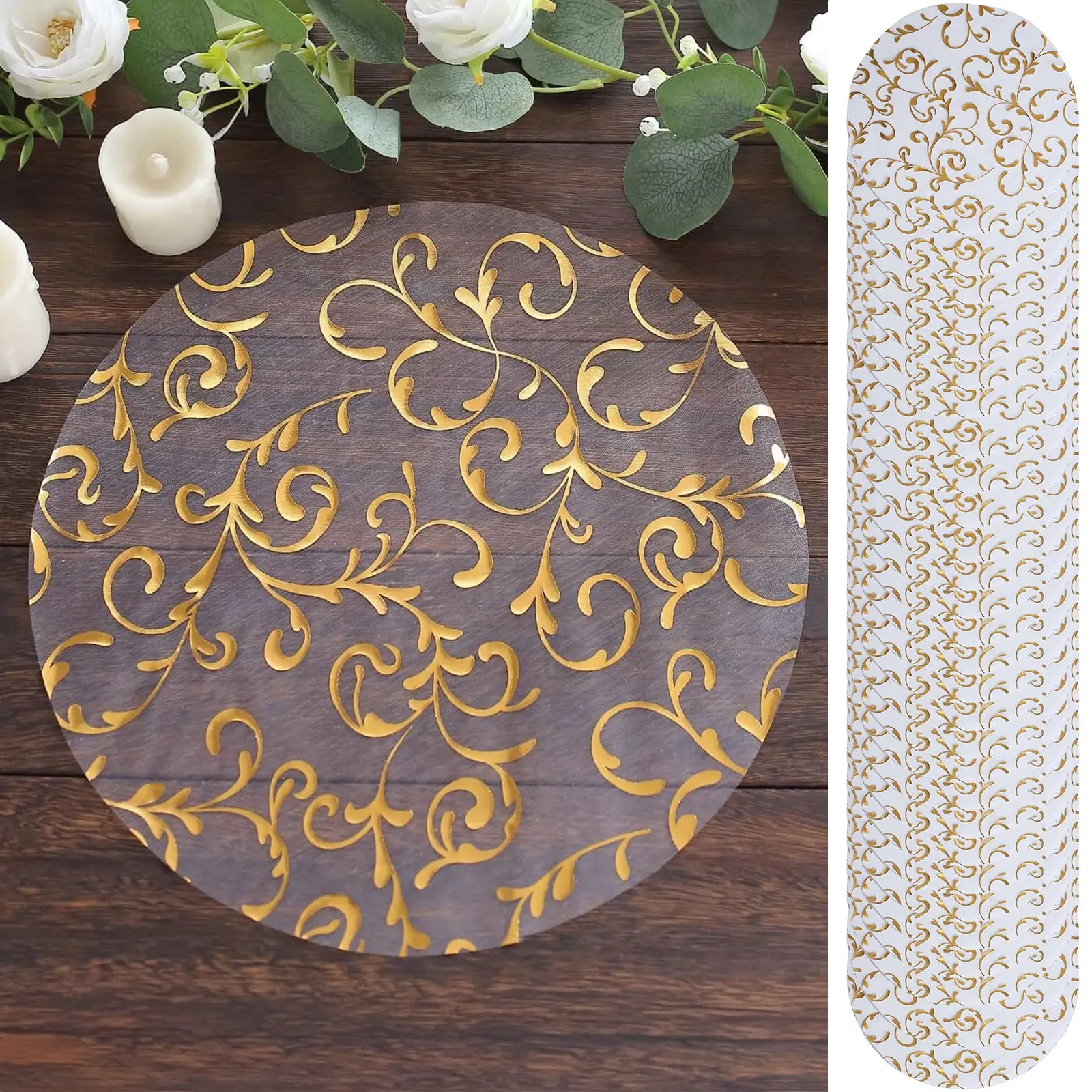 50-Pack Glam Organza Table Placemats, 13" Round Embossed Foil Flowers Design, Metallic Gold Sheer Disposable Dining Tableware for Birthday Events