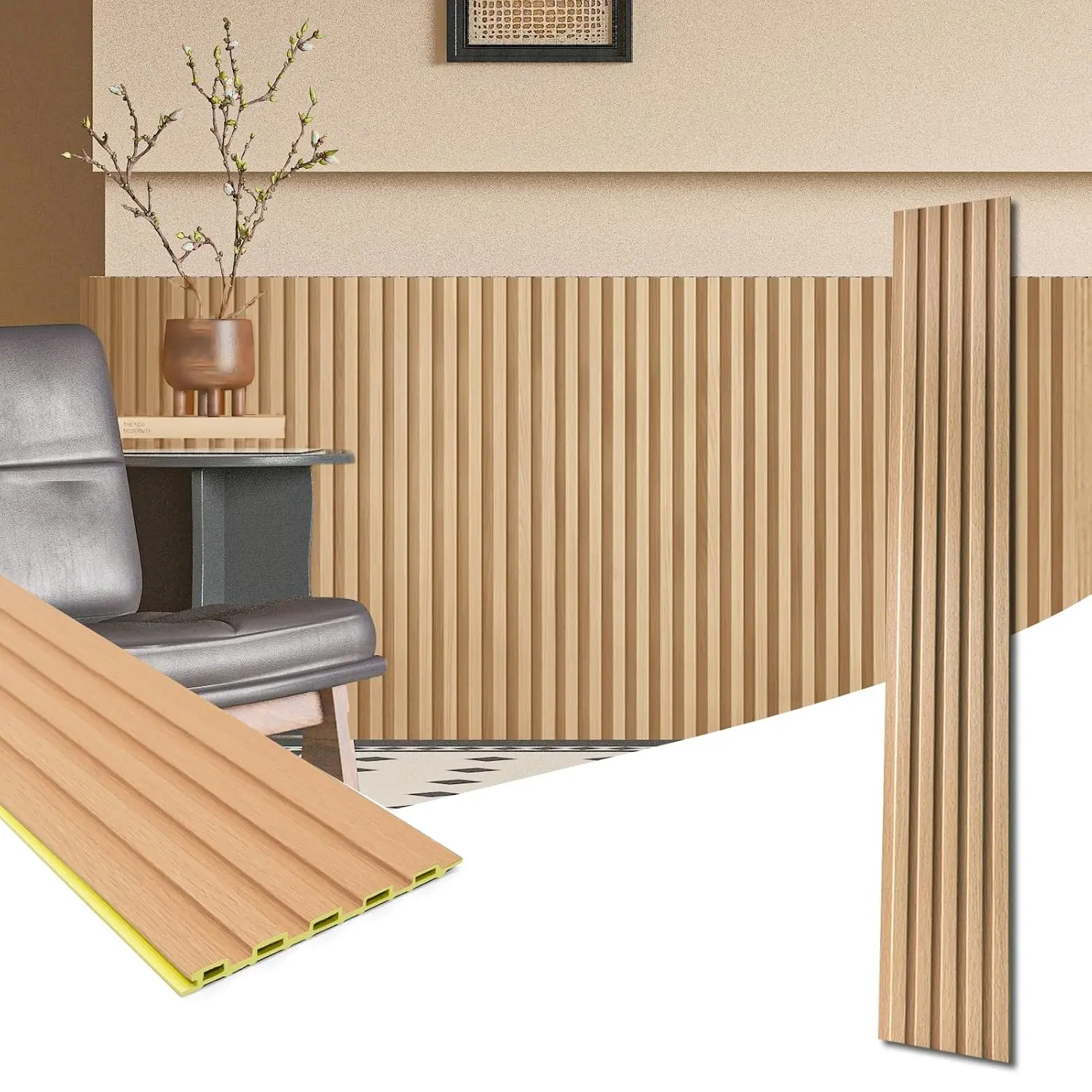 WPC Wainscoting Panels, 16-Pack 48 x 6 Inch 3D Wall Accents for Interior Wall Decor, Living Room, Bedroom, Boxwood