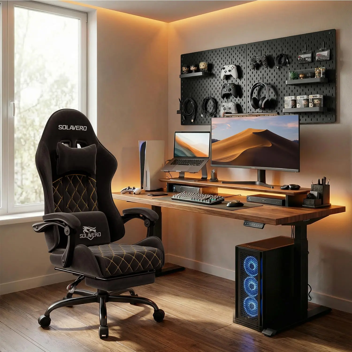 HLDIRECT Ergonomic Fabric Gaming Chair - Single Seat Furniture, Gamer Stuff, Man Cave Office Chair with Lumbar Support, Footrest, Headrest, Height-Adjustable, Metal Frame, 200 lbs Load Capacity for Bamboo Desks, Study Use