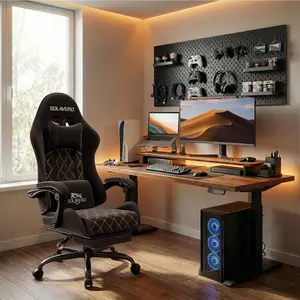 HLDIRECT Ergonomic Fabric Gaming Chair, Swivel Computer Office Chair with Lumbar Support, Footrest, Headrest, Height Adjustable, Metal Frame, 200 lbs Load Capacity Bamboo Desk table study