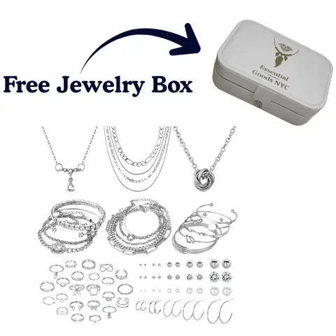 Women's Cute 41pcs Mellite Jewelry Set - Silver-Plated Alloy Necklaces, Knuckle Rings, Bracelets, Earrings - Hypoallergenic Female Accessories for Weddings, Birthday