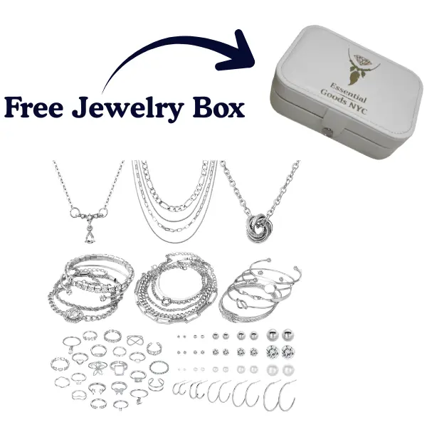41-Piece Jewelry Set for Women, Dainty Silver-Plated Alloy Necklaces, Knuckle Rings, Bracelets & Earrings, Hypoallergenic Fashion Accessories for Party, Birthday & Anniversary, Cute