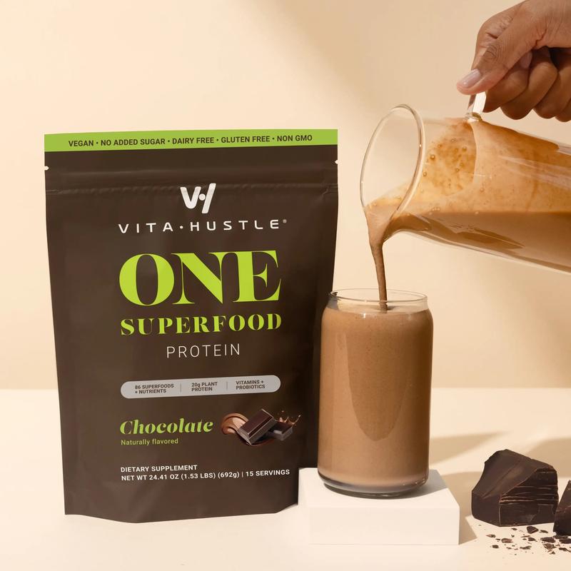 VitaHustle ONE Plant‑Based Protein Powder - Chocolate - Blend of 86 Ingredients with Vitamins & Probiotics