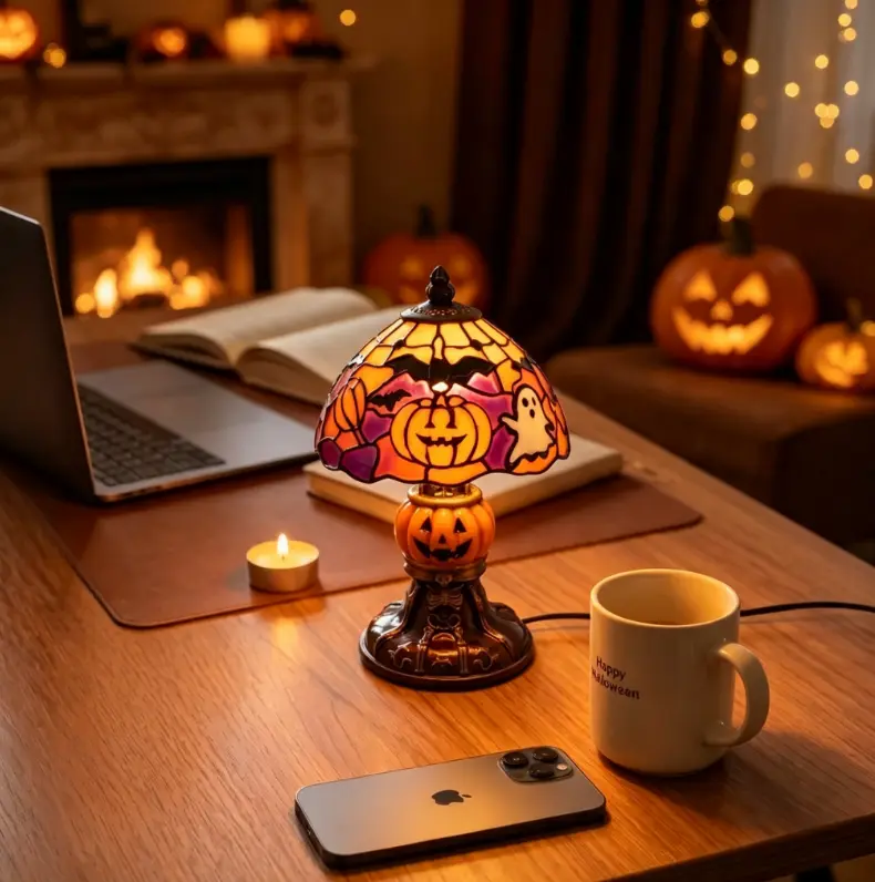 Retro Pumpkin Bat Pattern Desk Lamp – Vintage Glow Night Light for Bedroom/Living Room, Cozy Halloween Decor Gift for Home Stylists, Haunted Vibe