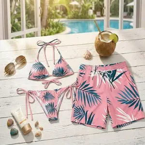 [Hot Summer 2026] - Pink Palm Leaf Couple Set, Matching Bikini & Men Shorts Tropical Beach Design