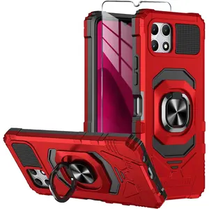 for T-Mobile REVVL 7 5G Phone Case with Tempered Glass Screen Protector,Military Grade Heavy Duty Shockproof Protective Cover,with Ring Kickstand for REVVL 7 (Red)
