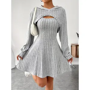 Solid Color Ribbed Dress Set, Long Sleeve Hoodie Shrug Top & Sleeveless Square Neck A-line Tank Dress Outfits, Women's Clothing Summer Black Minimalist Short Basic Comfort Womenswear