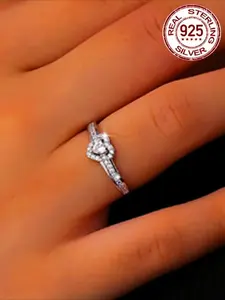 S925 Sterling Silver Heart Shaped Zirconia Decorated Ring, Elegant Engagement Ring for Women, Trendy All-match & Exquisite Jewelry for Birthday Gift