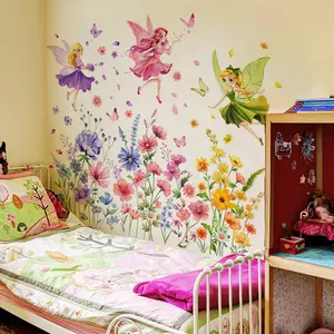 Fairy Pattern Wall Sticker, Floral Pattern Sticker, 4 Counts/set Colorful Flower & Butterfly Pattern Wall Decal, Wall Art Decorative Sticker for Home Bedroom Living Room, Ornaments