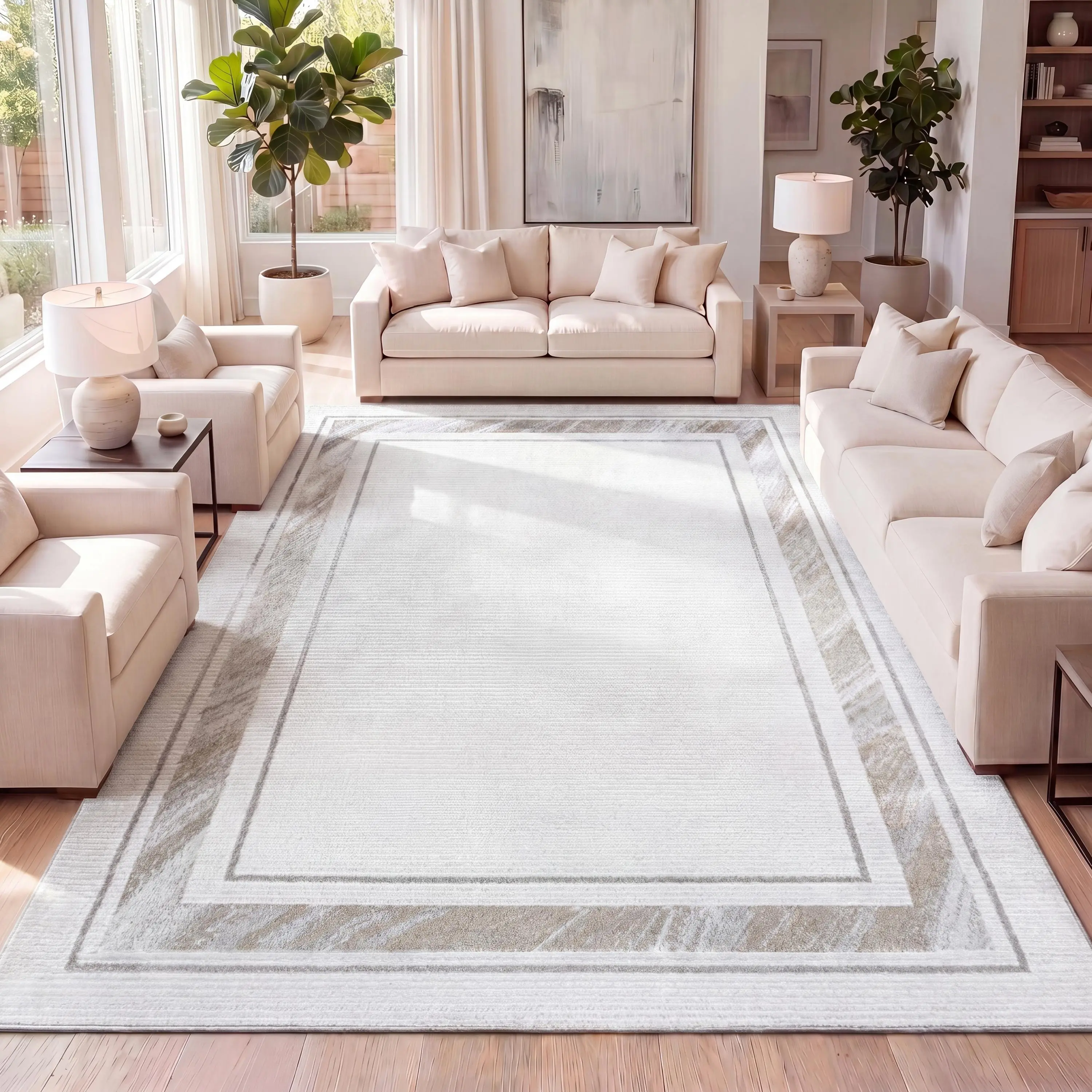 Athens Classic Border Marble Pattern High-low Area Rug