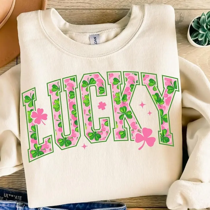 Lucky St Patrick's Day Sweatshirt, St Patricks day Pullover, Pink Shamrock Shirt, Coquette St Patrick day Fabric Menswear Crewneck - HARSIN