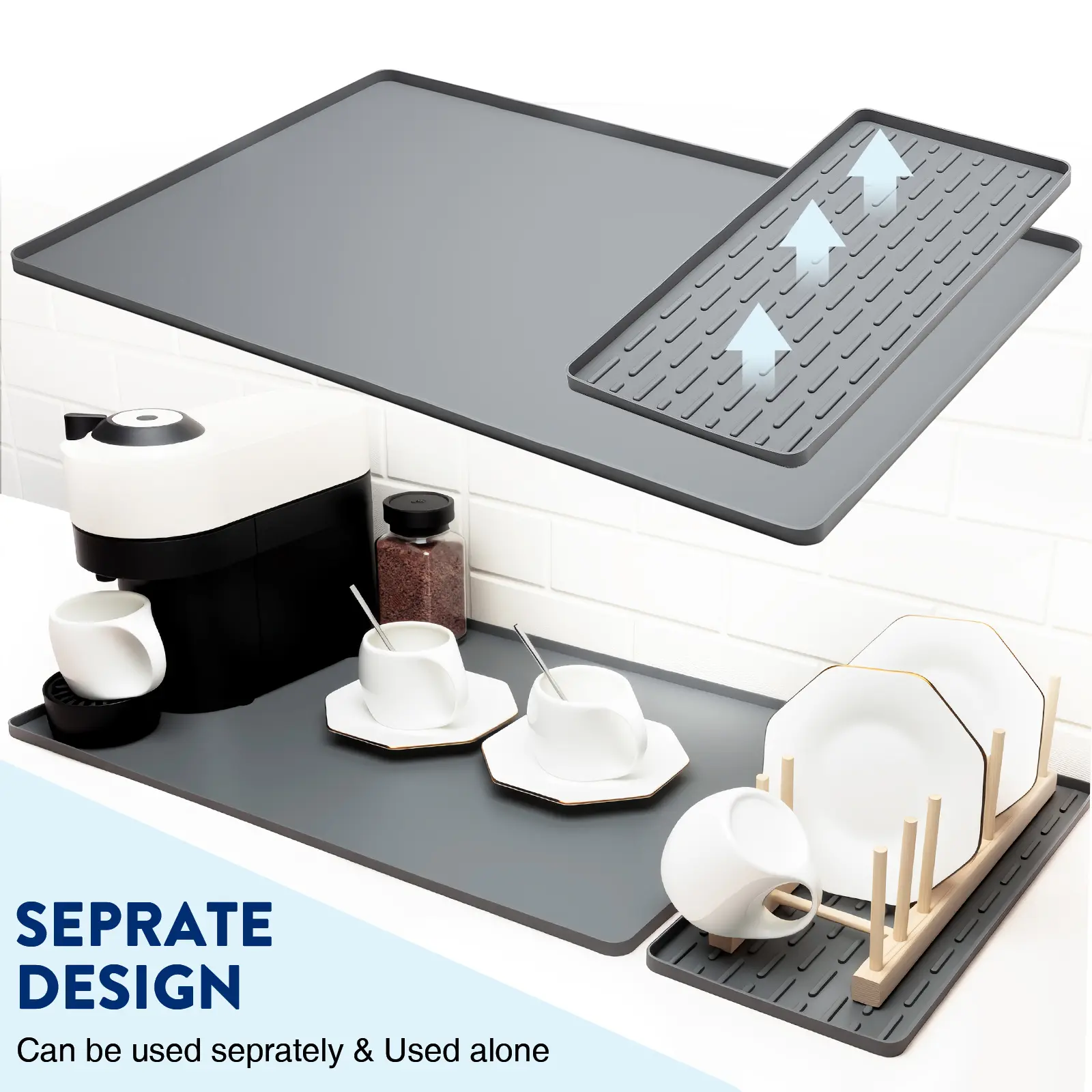 SCYFREID 2-in-1 Rectangular Waterproof Ribbed Bendable Anti-Slip Silicone Coffee Mat & Coasters - 24in x 16in, Raised Edges, Reduce Shock, Detachable Tableware Accessory, Dish-Safe Kitchen Counter Mat for Coffee Machines