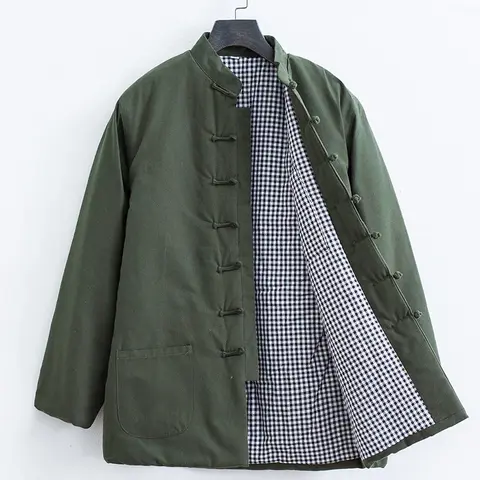 Men's Tang Suit Style Knitwear Jacket - Menswear Winter Outerwear, Plain Cotton-Blend Polyester-Infused, Standing Collar, Single-Breasted V-Neck, Thick Loose-Fit Long Sleeves, Pocket Decoration, Regular-Length Daily Outdoor Tops, Pockets