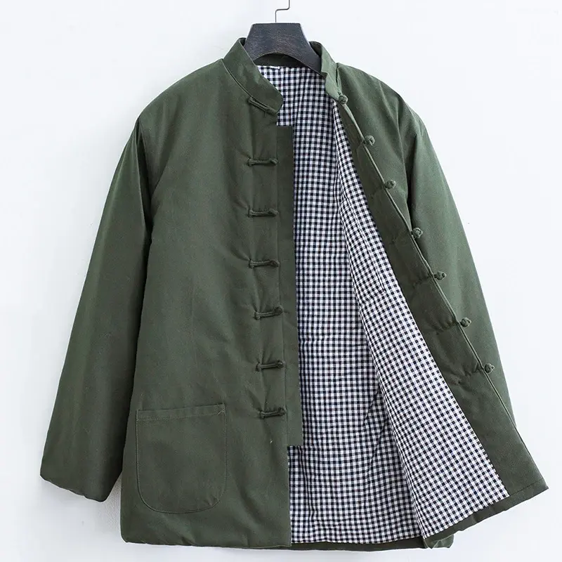 Men's Traditional Chinese Vintage Hanfu Tang Suit Thick-Sleeve Cotton Jacket, Winter Warm Standing-Collar Button Kung Fu Coat, Outdoor Clothes with Decoration
