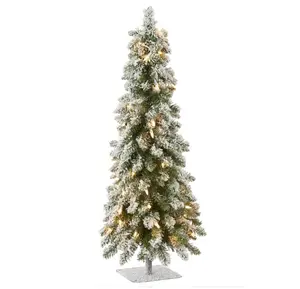 Pre-lit Artificial Mini Christmas Tree | Includes Pre-strung White Lights | Snowy Downswept Forestree - 3 ft