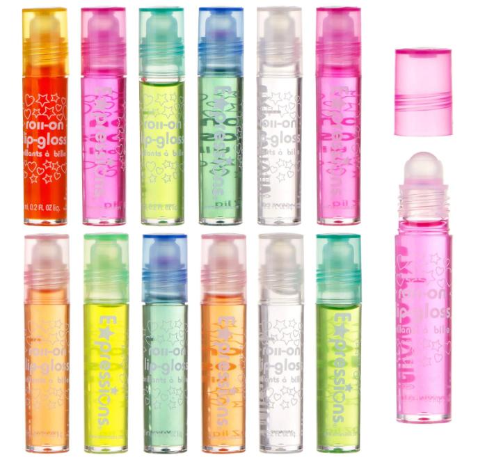 Expressions girl 12pc Roll On Lip Gloss Set with Carrying Case, Glossy Lip Make-up for Kids and Teens - Fruity Flavors