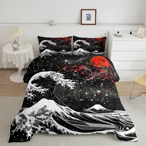 Japanese Wave Comforter Set Kids Cherry Blossoms Comforter for Boys Girls Teens Japanese Style Home Decor Bedding Set Red Sun Japanese Ukiyoe Theme Duvet Set