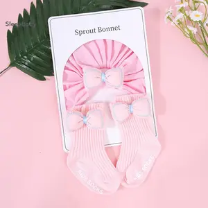 Baby Boy Girl Turban Hat And Socks 2 Piece Set Cute Bow Beanie Soft Crew Socks For Infant Newborn Turtle-shaped Baby Head Protection Backpack
