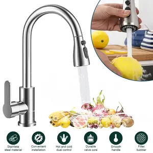 Brushed Nickel Single Handle High Arc Commercial Kitchen Sink Faucet Stainless Steel with Pull-Down Spray and Pull Out Sprayer Mixer Tap