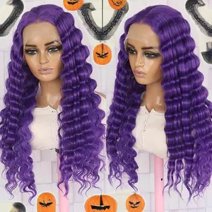 13X4 Purple Curly Lace Front Wigs 180% Density Glueless Lace Wig 28 Inch Long Hair Free Part Deep Wave Synthetic Lace Front Halloween Wigs For Women Daily Party Use