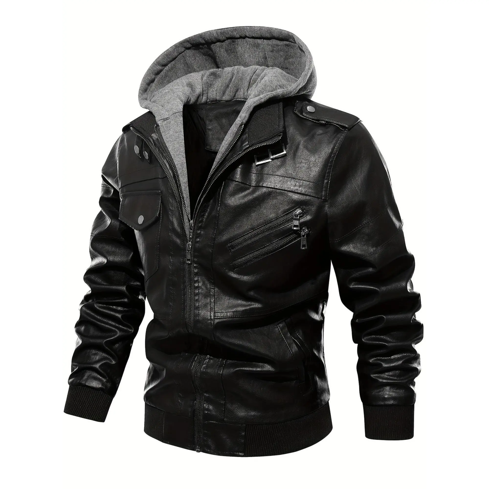Men's PU Leather Jacket with Woven Fabric Hood, Casual Plain Zip-Up Outerwear for Fall & Winter, Zipper