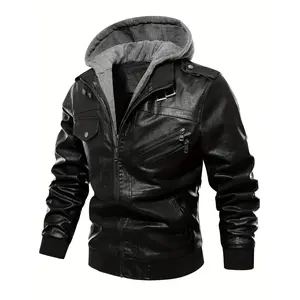 Men's Casual Plain PU Leather Zipper-Up Hooded Long Sleeve Coat, Menswear Tops, Ideal for Fall & Winter Outdoor Cycling