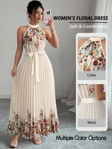 Women's Summer Trendy Chic Halter Floral Print Long Dress, Elegant A-Line Sleeveless Waist-Tied Skirt, Perfect for Daily Wear, Casual Wear and Vacation