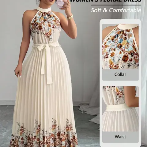 Women's Summer Halter Chic Floral Print Long Dress, A-Line Sleeveless with Waist Tie, Perfect for Daily Casual, Vacation Wear and Chic Beach Wear