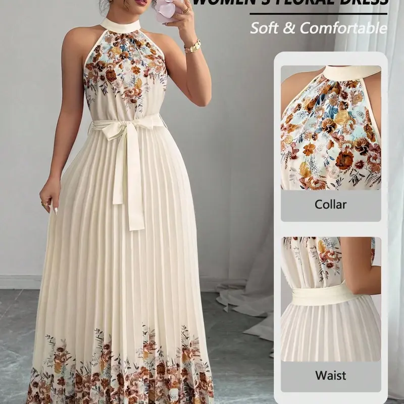 Women's Summer Halter Chic Floral Print Long Dress, A-Line Sleeveless with Waist Tie, Perfect for Daily Casual, Vacation Wear and Chic Beach Wear