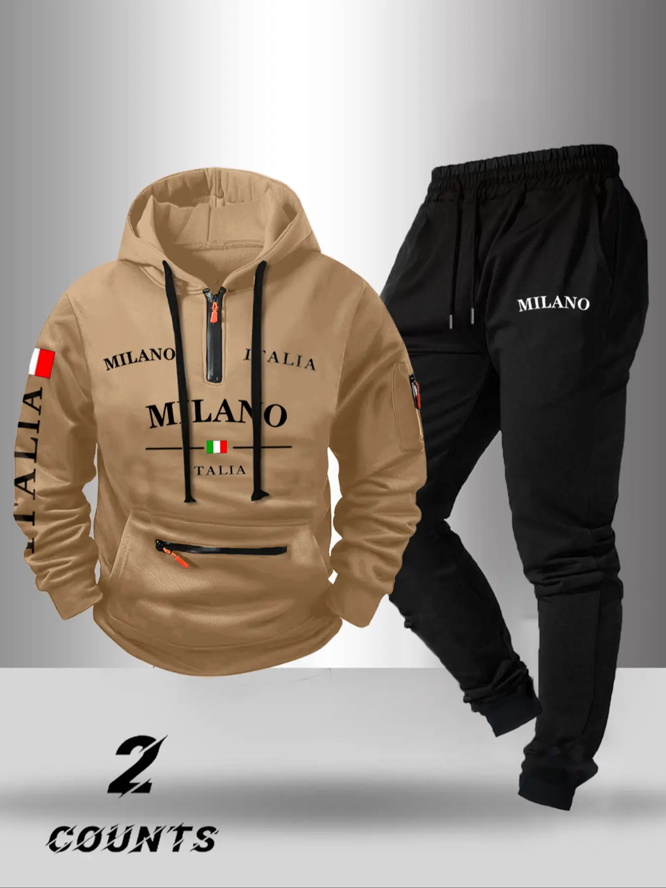 Men's Casual Milano Letter Hoodie Set, Two-Piece Half-Zip Hooded Sweatshirt & Long Pants, Trendy Kangaroo Pocket Design, Activewear