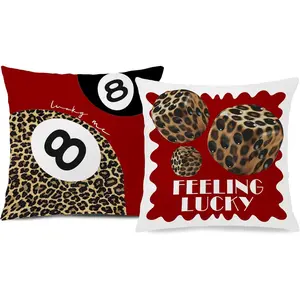 Trendy Leopard Pillow Covers 18x18, Cheetah Leopard Print Room Decor, Red Preppy Cheetah Print Dice Lucky 8 Ball Decorative Throw Pillow Covers for Girls Bedroom Dorm Apartment, Set of 2