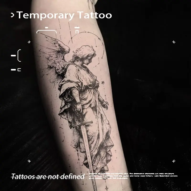 Dark Sword Angel Herbal Juice Temporary Tattoo Sticker Waterproof Long Lasting Non-reflective Vintage Stippling Fake Tattoo Ins Premium Style Arm Tattoo Sticker Realistic Sticker Tattoos