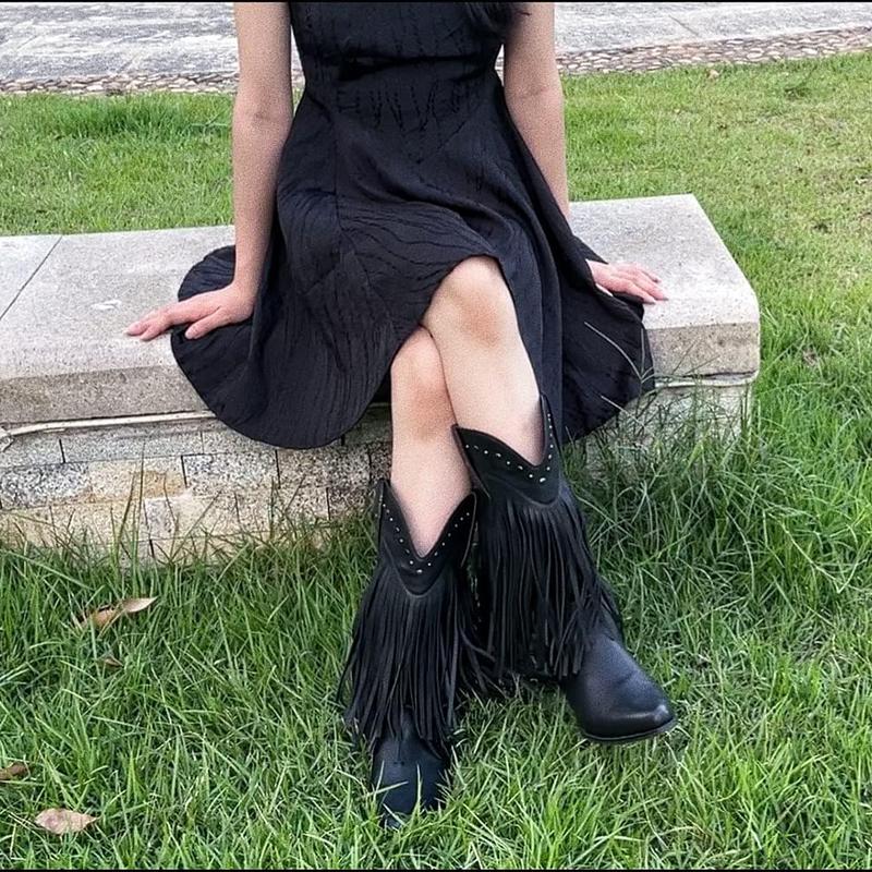 Women's Fringe Western Boots Wide Calf Riding Cowgirl Cowboy boots Black