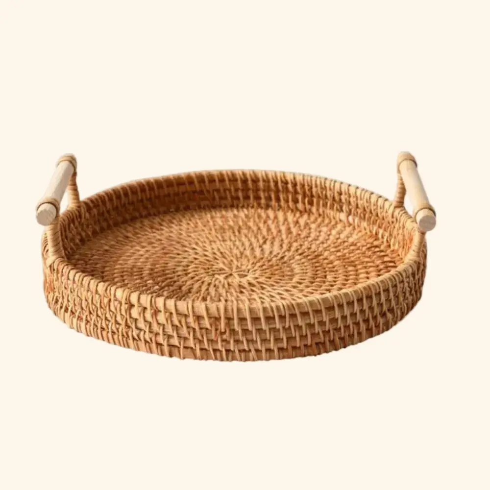 Rattan Bamboo Golden Hour Serving Tray with Woven Texture & Side Handles, Bohemian Kitchen Tableware, Tray Decor, Multi-Size Option for Dining Room Everyday Use
