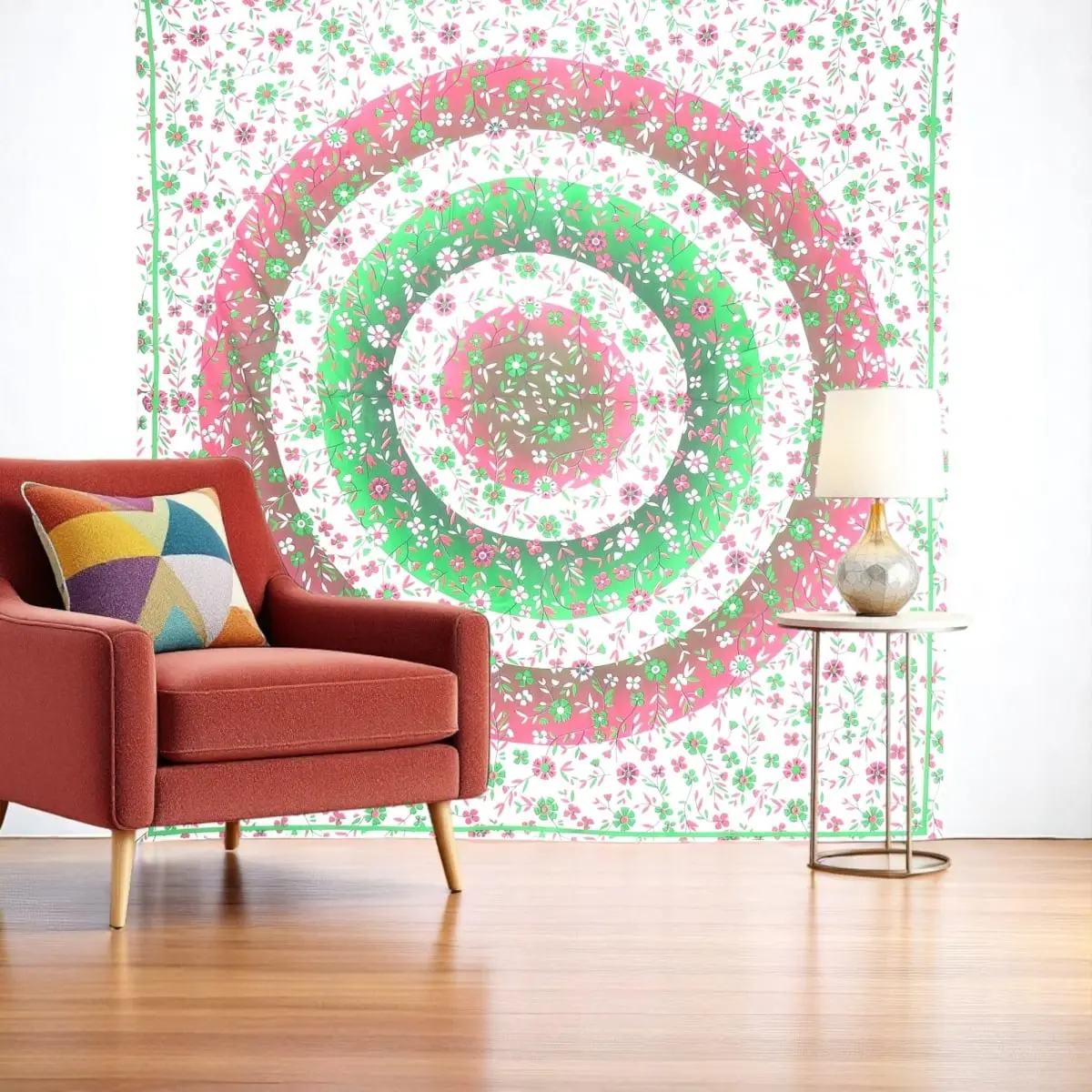 360 stand Handcrafted Bohemian Rectangle Flower Print Cotton Hanging Tapestry, 88x84 in, Green-Red-White Decorative Wall Tapestry, Home Decor for Room Table Accent, Floral, Bedroom, Room Art, Patterned