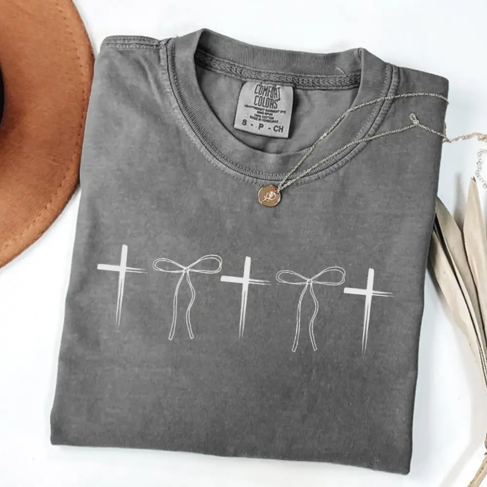Comfort Colors Christian TShirt, Bows and Cross T-Shirt, Religious TShirt, Inspirational T-Shirt, Minimal Christian Tee for Women, Faith T-Shirt, Jesus Tee