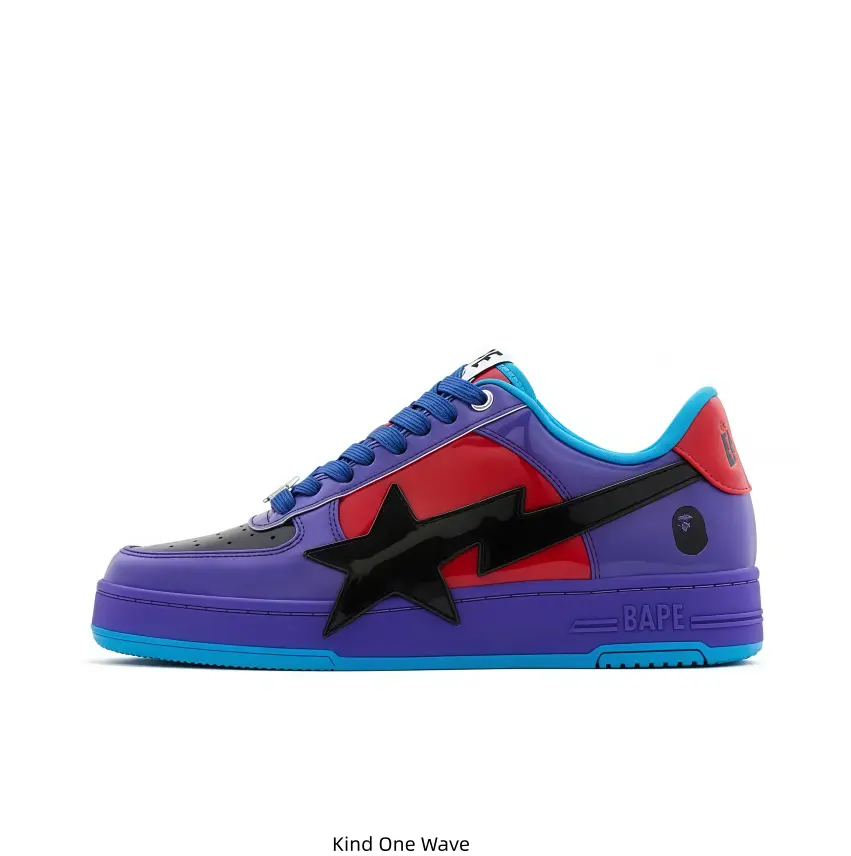 Glossy purple-red color-block BAPE STA low-top sneakers, striking black star side logo, ape head print, bright blue outsole and collar lining, retro bold streetwear style for sneaker enthusiasts and trendy daily wear