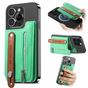 New Strong Magnetic Card Holder with Extensible Wristband, Left Right Flip Card Storage Pouch, Phone Card Case, Mobile Stick-On Card Clip
